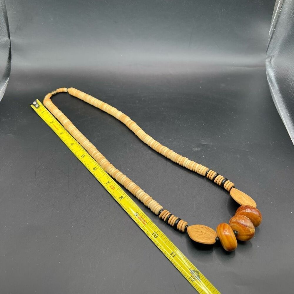 Chunky Boho Wood Necklace Carved Bead Disk Round Beads Vintage Tan Heritage - Picture 3 of 6
